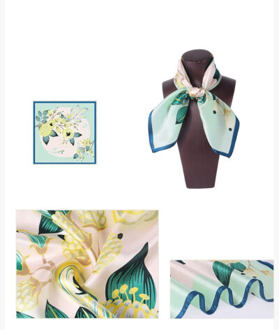 Petit foulard Carré de Soie Imprimé Motif Fleur Vert – Image 2