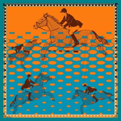 Foulard Femme Petit Foulard Carré de Soie Motif Cheval Couleur Bleu Orange – Image 2