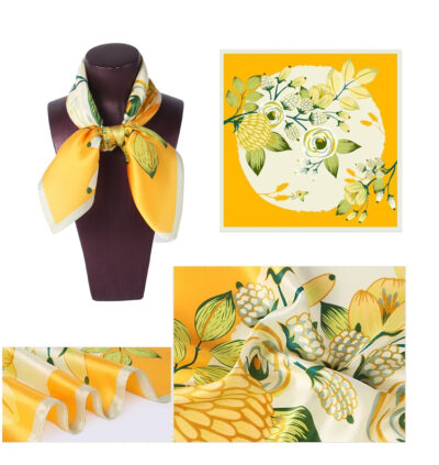 Petit Foulard en soie Carré de Soie Motif Fleur Jaune – Image 3