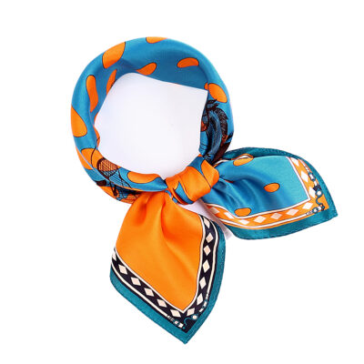 Foulard Femme Petit Foulard Carré de Soie Motif Cheval Couleur Bleu Orange