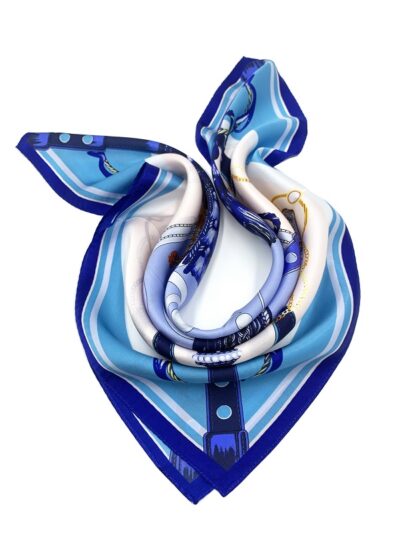 Foulard Femme Carré de Soie Motif Harnais Cheval Couleur Bleu – Image 3
