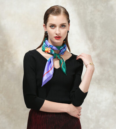Foulard Soie Carré de Soie 90*90CM Couleur Vert Violet – Image 2